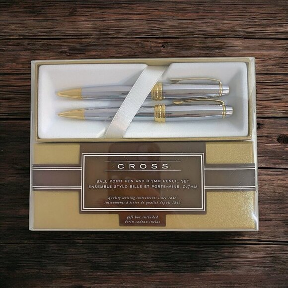 Cross Bailey Vintage Chrome with Gold Tone Pen & Pencil Set Including Gift Box - Picture 4 of 6